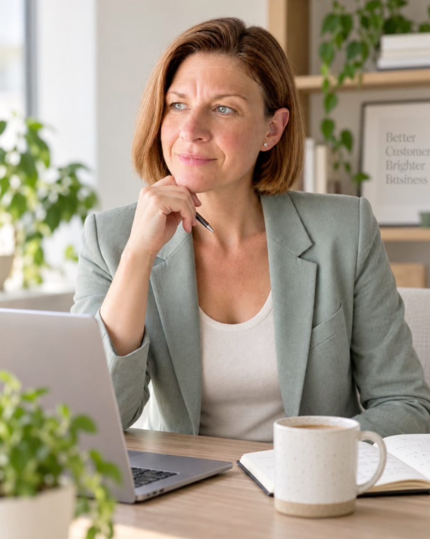 Alice Urban sitzt mit Laptop an einem Schreibtisch und denkt nach