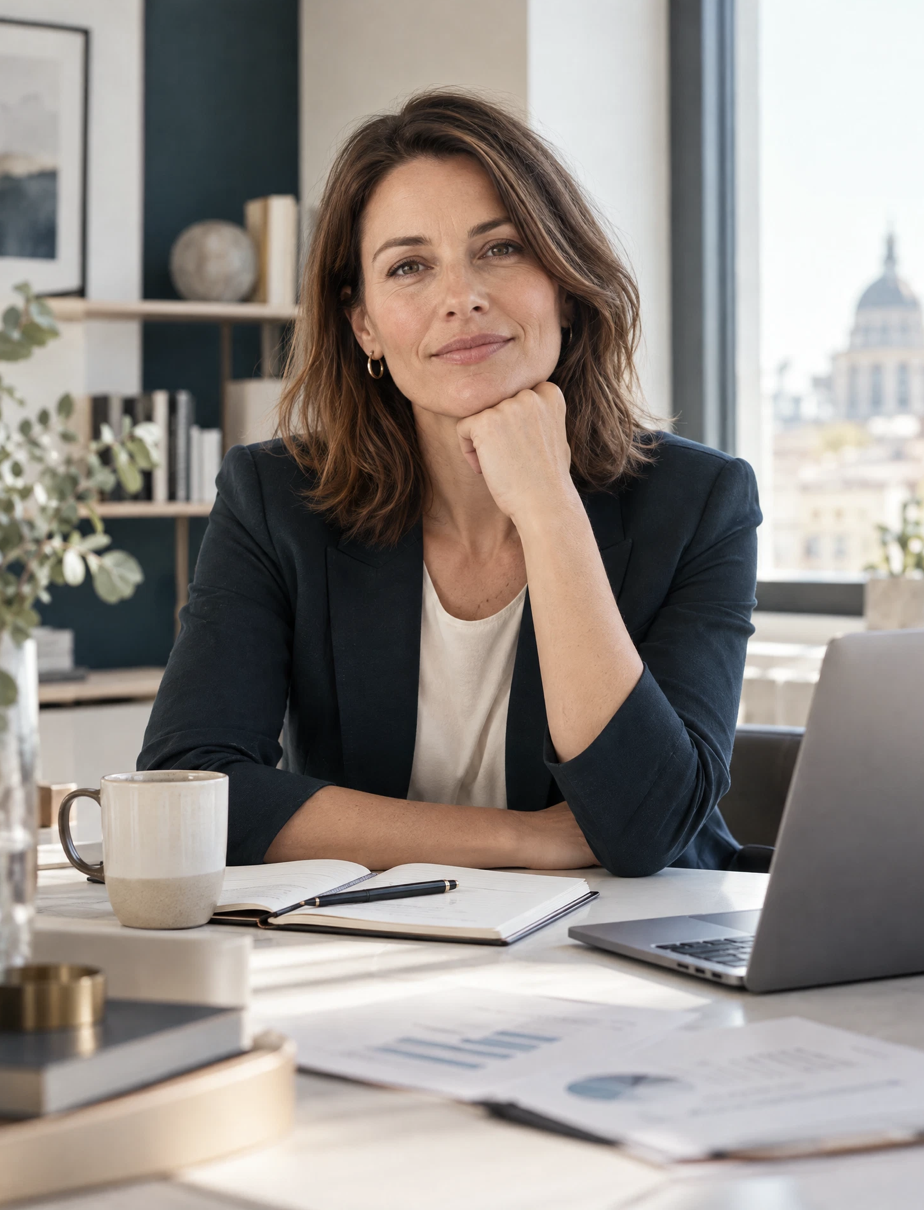 Unternehmerin bei einem guten Morgen im Büro mit Kaffee, Laptop und Arbeitsunterlagen